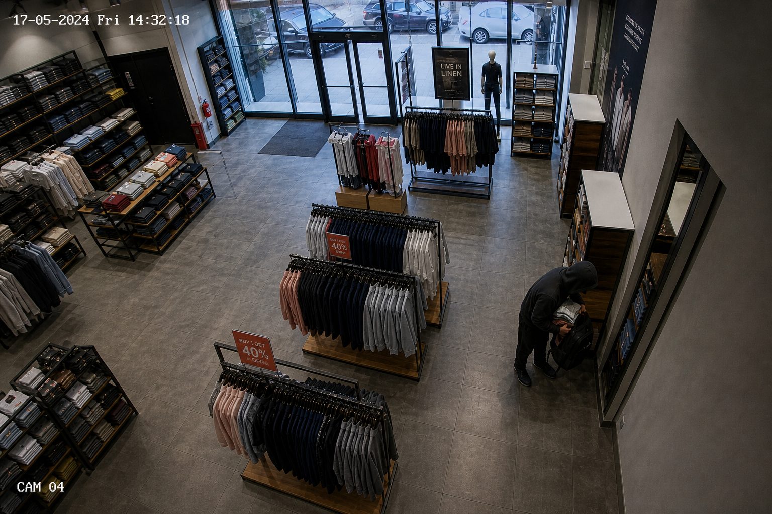 In-store CCTV frame from CAM 04 showing a customer at a clothing rack - real-time anomaly detection input