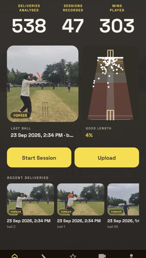 Cricket Analytics App home screen: deliveries analysed, a pitch map of where balls landed, and recent deliveries